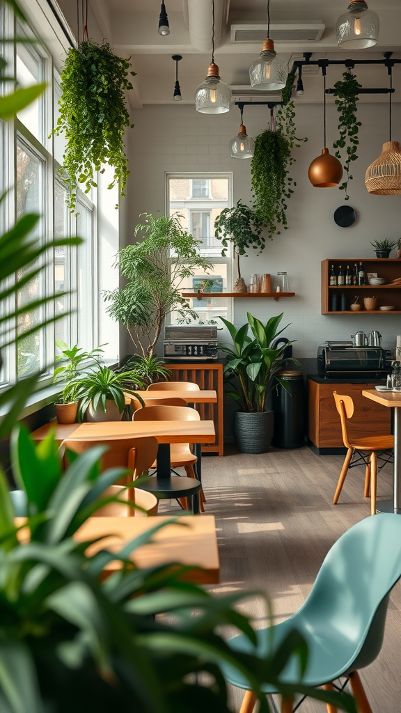 Interior of a coffee shop featuring plants, wooden furniture, and natural light.