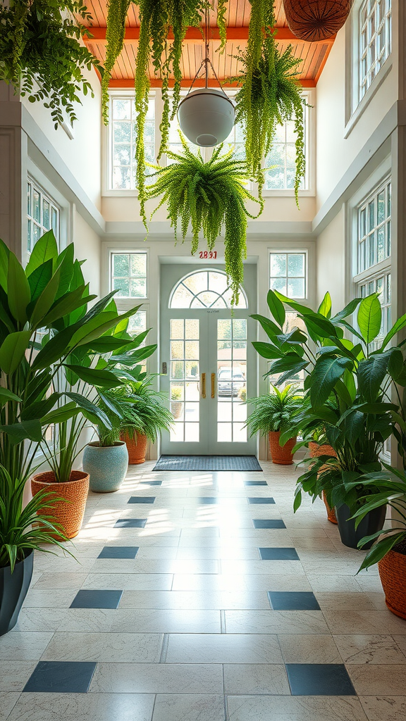 A bright entryway filled with large indoor plants and a welcoming front door.