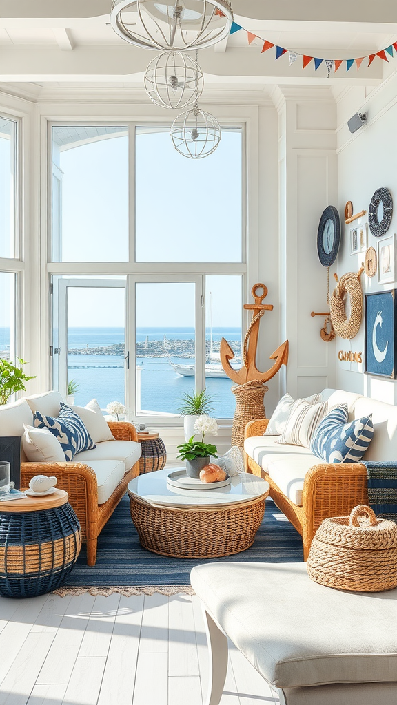 A bright and airy living room with nautical themed decorations, featuring white sofas, blue and white accents, and large windows overlooking the ocean.