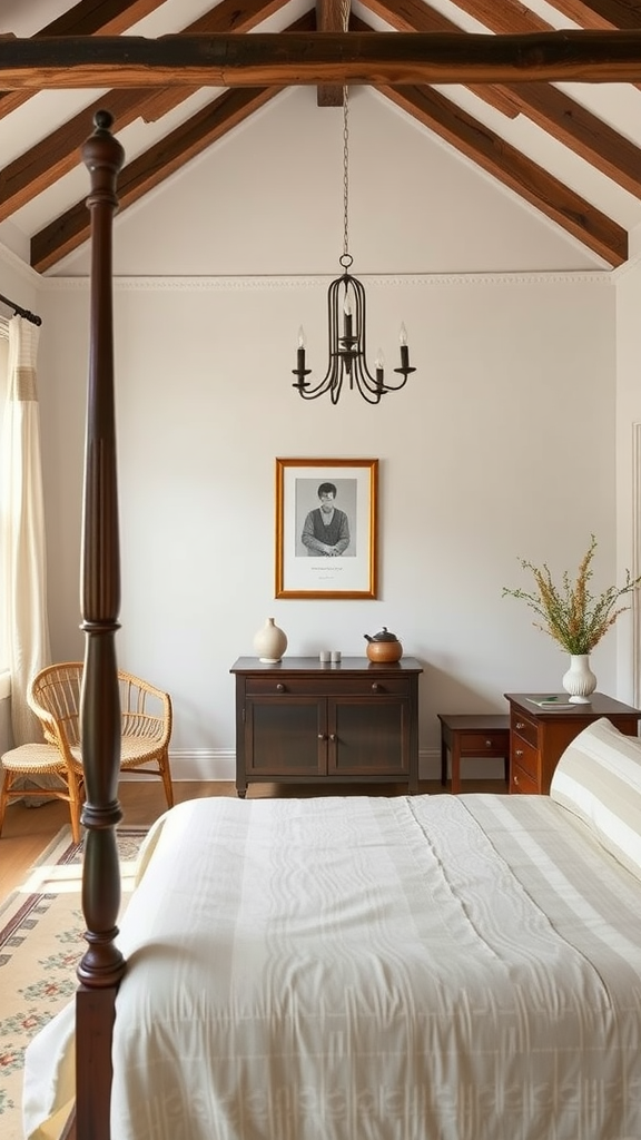 A serene bedroom featuring neutral tones, wooden beams, and classic Colonial Modern decor.