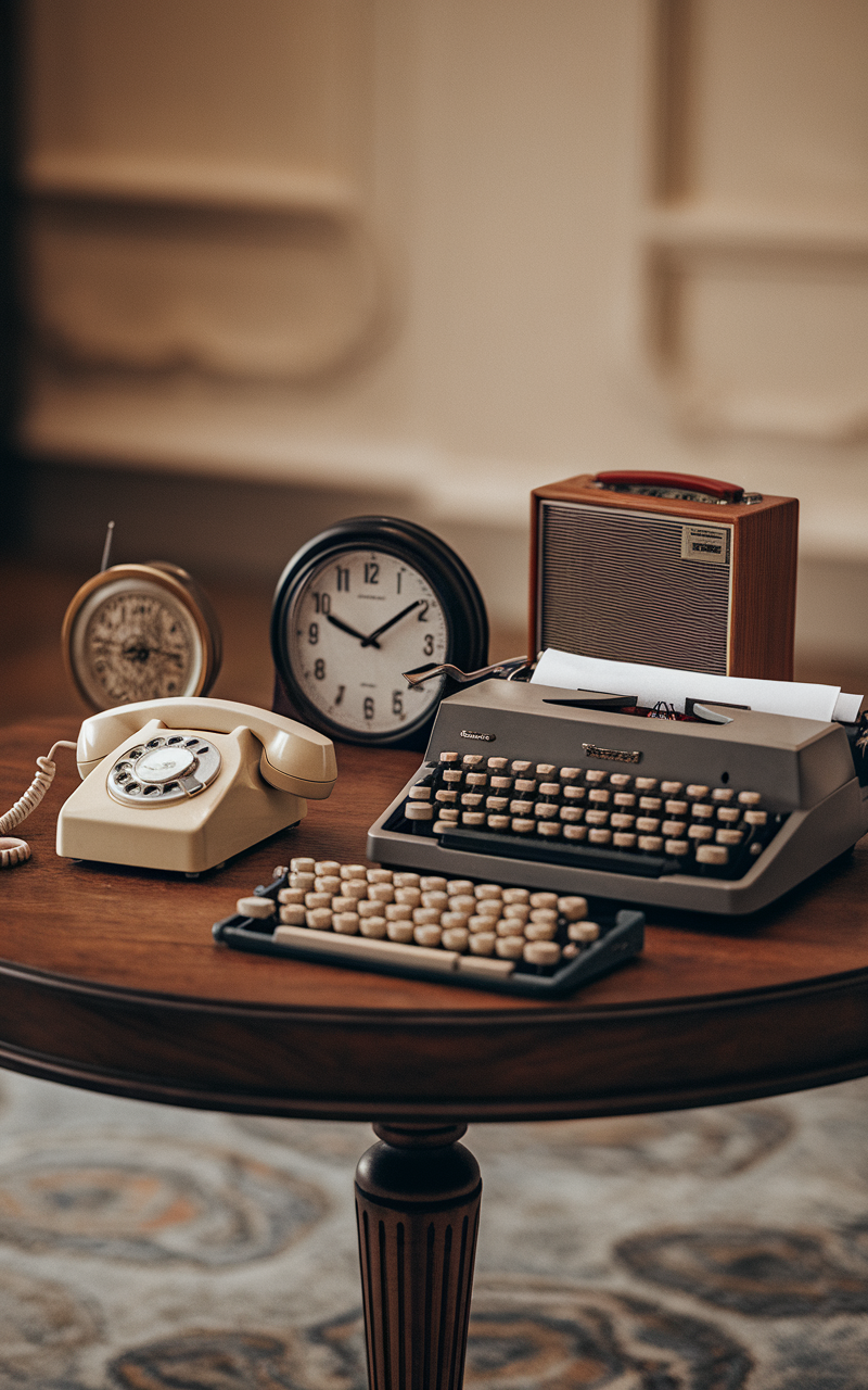 A vintage typewriter, rotary phone, and classic clocks on a wooden table