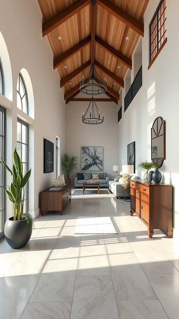 Open concept entryway featuring high ceilings, wooden beams, and modern decor.