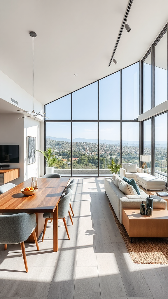 A modern farmhouse dining room with large windows and a view.