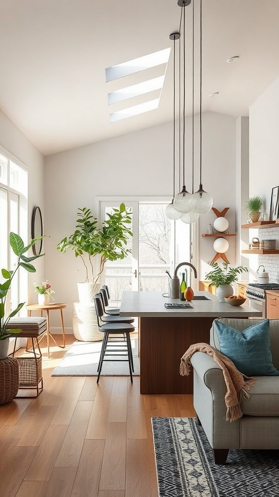 Bright open concept kitchen with grey cabinets, black countertops, and glass doors for cabinets.