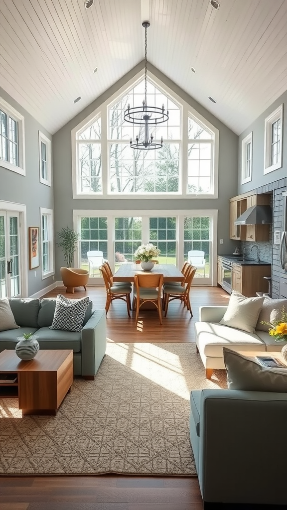 A bright and spacious open concept living area featuring a cozy Cape Cod style with large windows, a dining table, and comfortable seating.