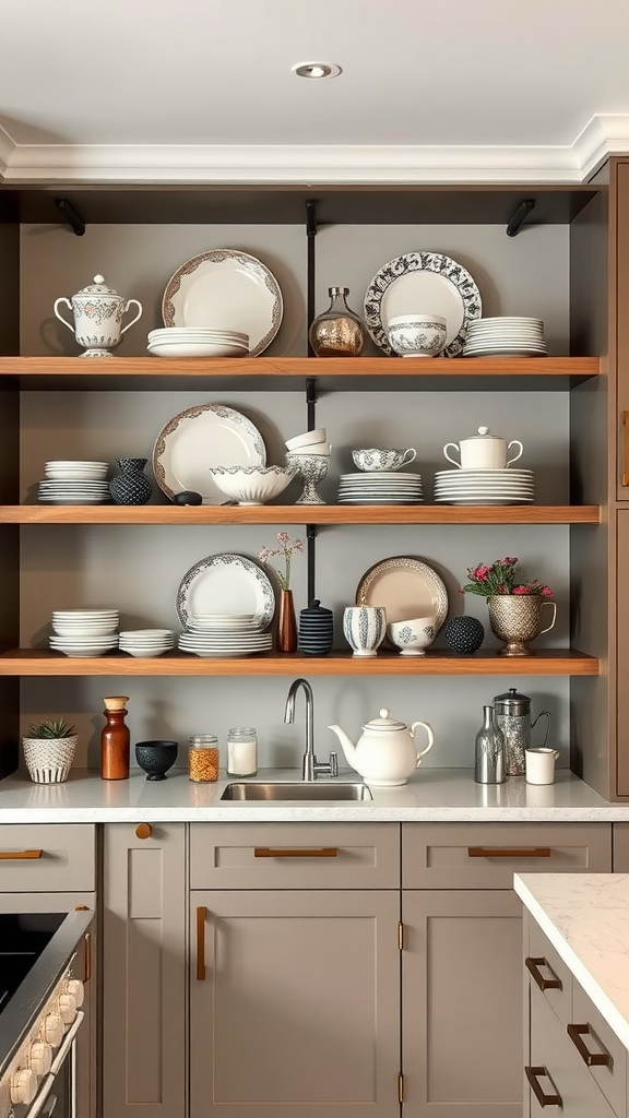 Modern kitchen with open shelving displaying various dishes and decorative items.