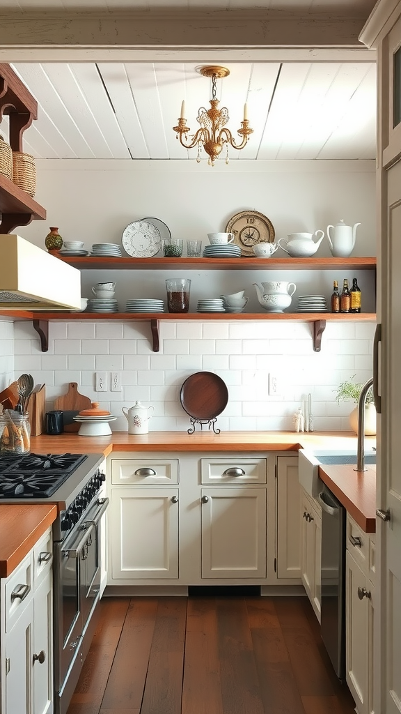 A cozy kitchen with open shelving displaying plates and kitchenware.