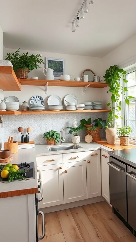 A cozy kitchen featuring open shelves with plates and plants, showcasing a modern design.