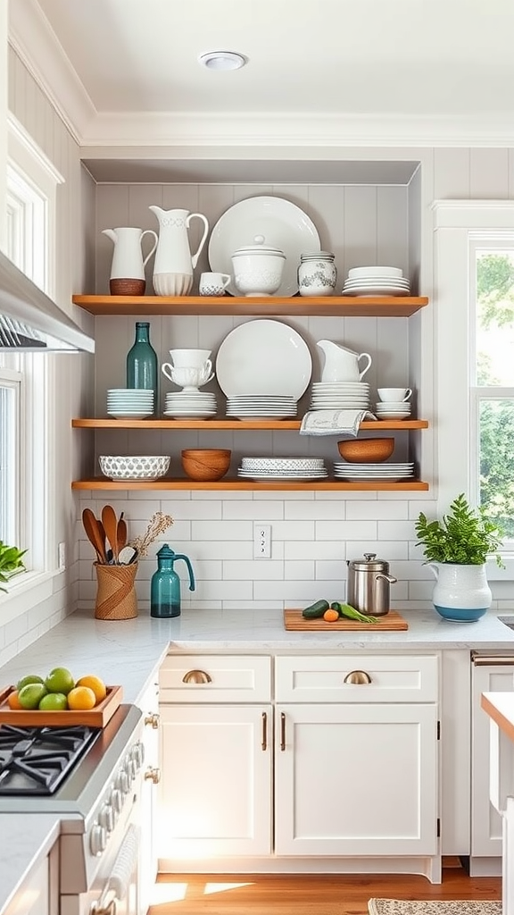 A kitchen with open shelving displaying plates, glasses, and kitchen utensils.