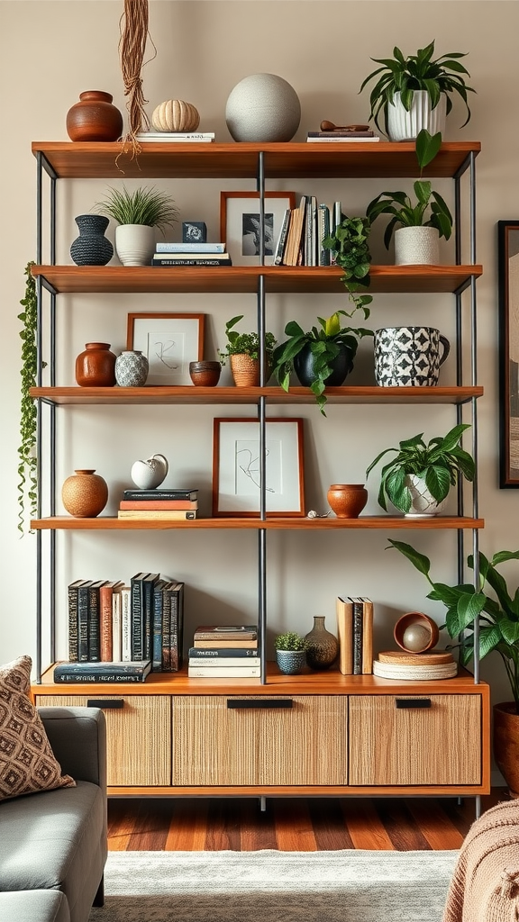 Open shelving decorated with plants and curated items in a cozy living room