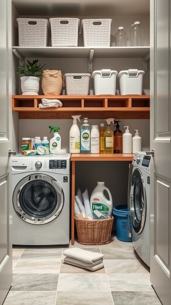 An organized Mudroom Laundry Room with cleaning supplies on shelves and in baskets.