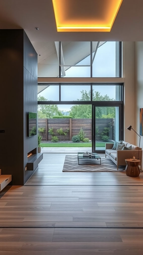 A modern living room with large windows opening to a landscaped outdoor area.