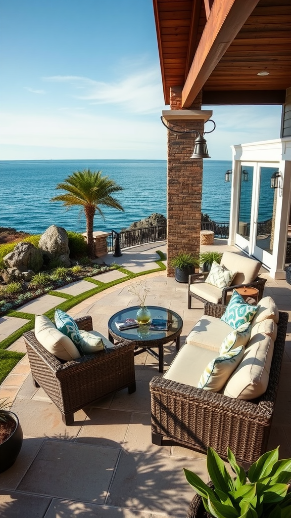 A beautiful outdoor seating area with a view of the ocean, featuring comfortable furniture and a relaxing atmosphere.