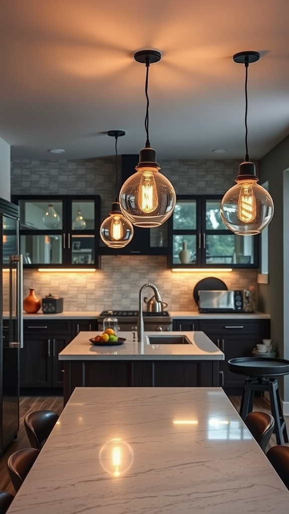 Kitchen with pendant lighting and dark cabinets