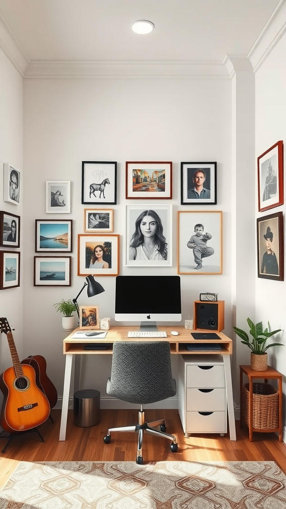 A cozy small home office featuring a personalized art display with framed pictures on the wall and a stylish desk.