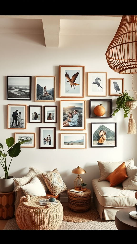 A cozy living room featuring a personalized gallery wall with various framed images and decorative elements.