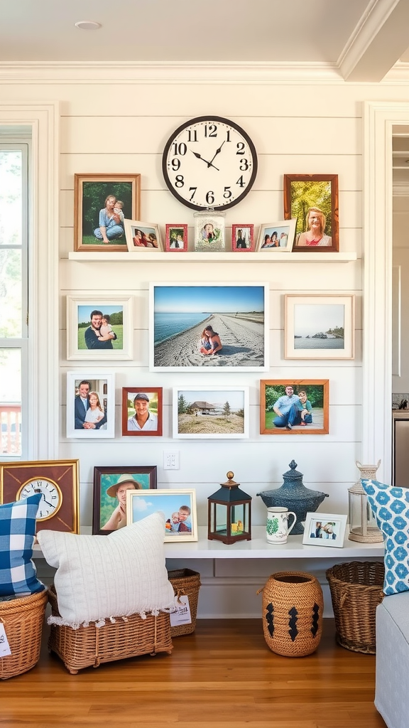 Cozy living room with family photos and decorative items in a Cape Cod style.