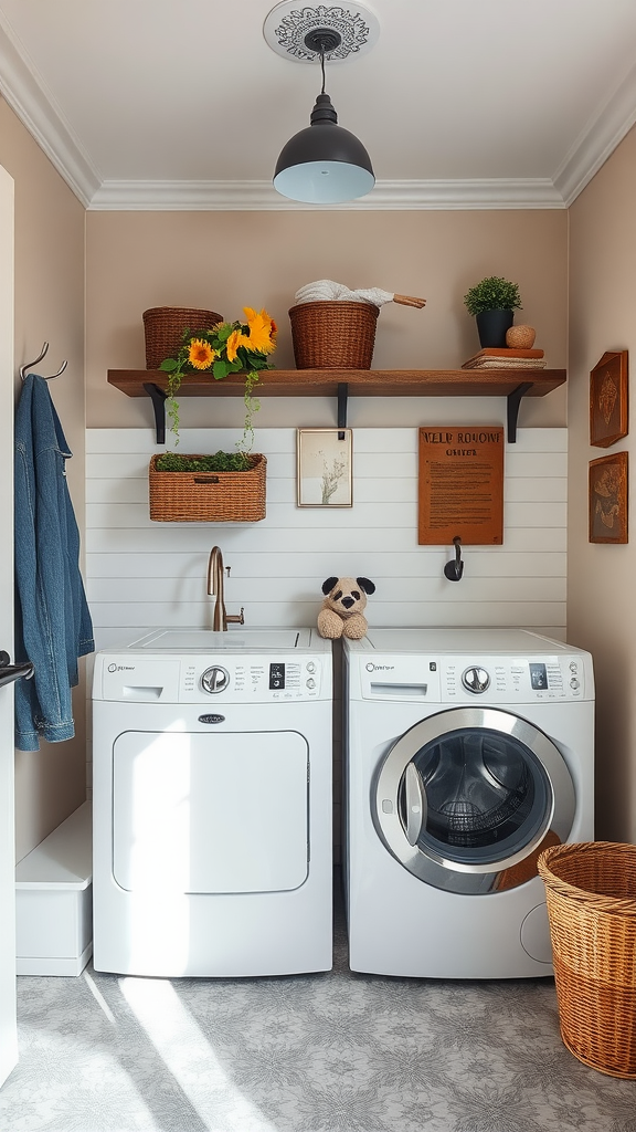 A stylish Mud Room Laundry Room Combo featuring modern appliances, wooden shelves, and decorative baskets.