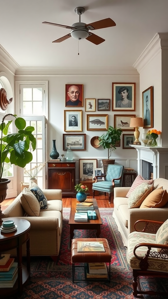 A cozy living room featuring a mix of modern and vintage furniture, surrounded by family heirlooms and art.