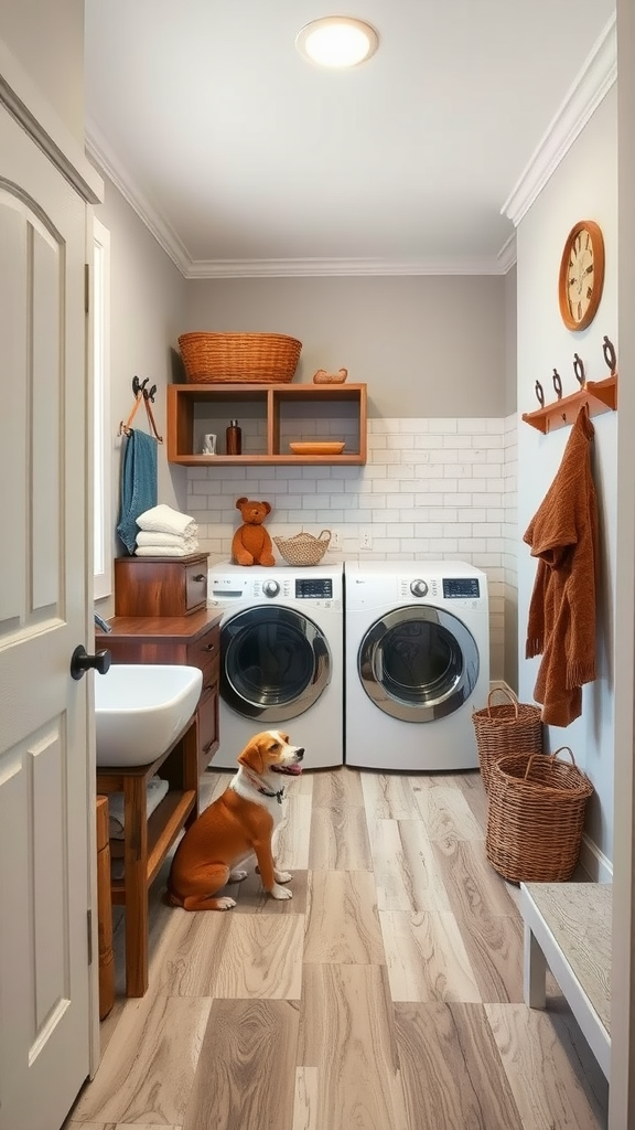 Pet-friendly Mud Room Laundry Room Combo with dog sitting on the floor.