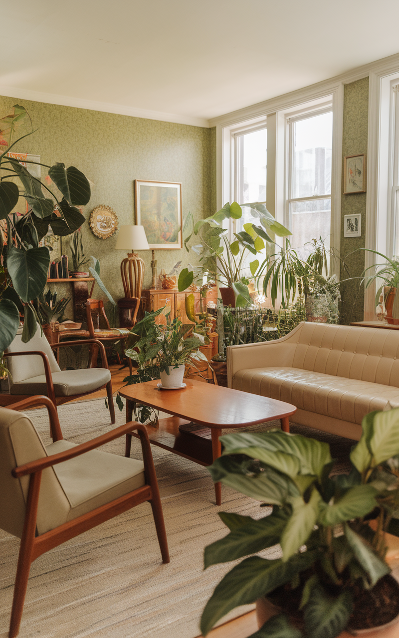 A plant-filled 70s living room featuring lots of greenery, retro furniture, and a cozy atmosphere.