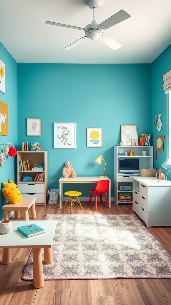 A playful room with aqua blue walls and colorful furniture.