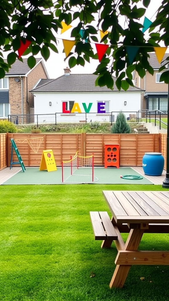 A vibrant outdoor games area with playful equipment and a picnic table.