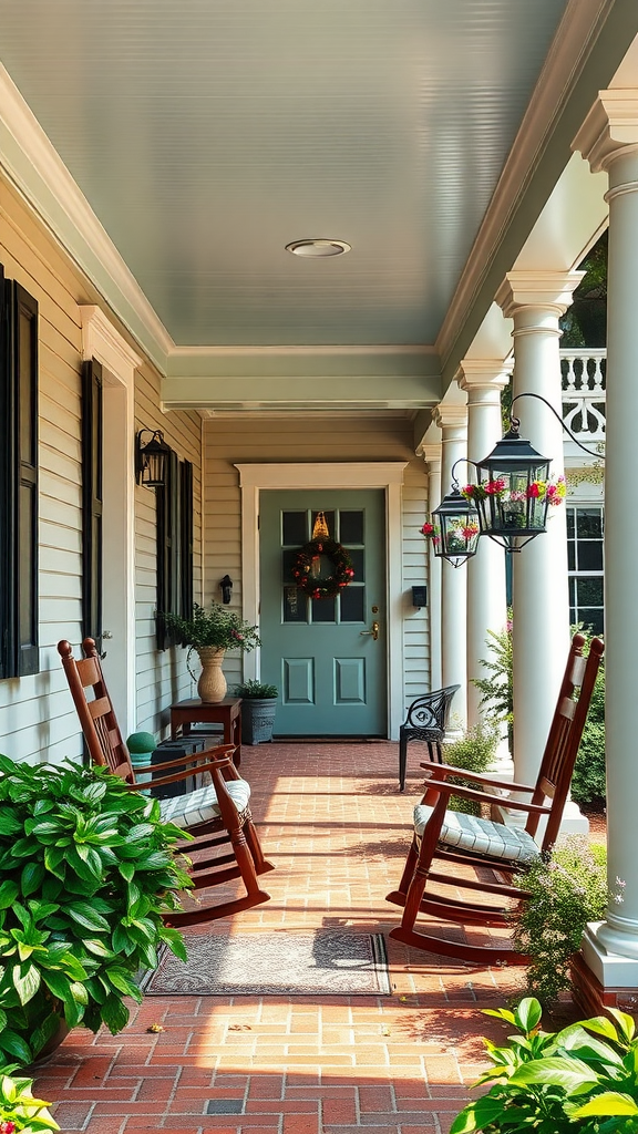 A welcoming porch with rocking chairs and potted plants