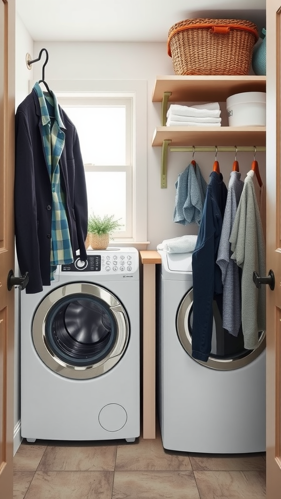 A compact Mud Room Laundry Room Combo with a washer, dryer, and organized clothing.