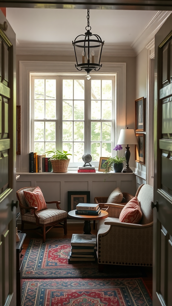 A cozy reading nook featuring two armchairs, a small table, and a window with plants.