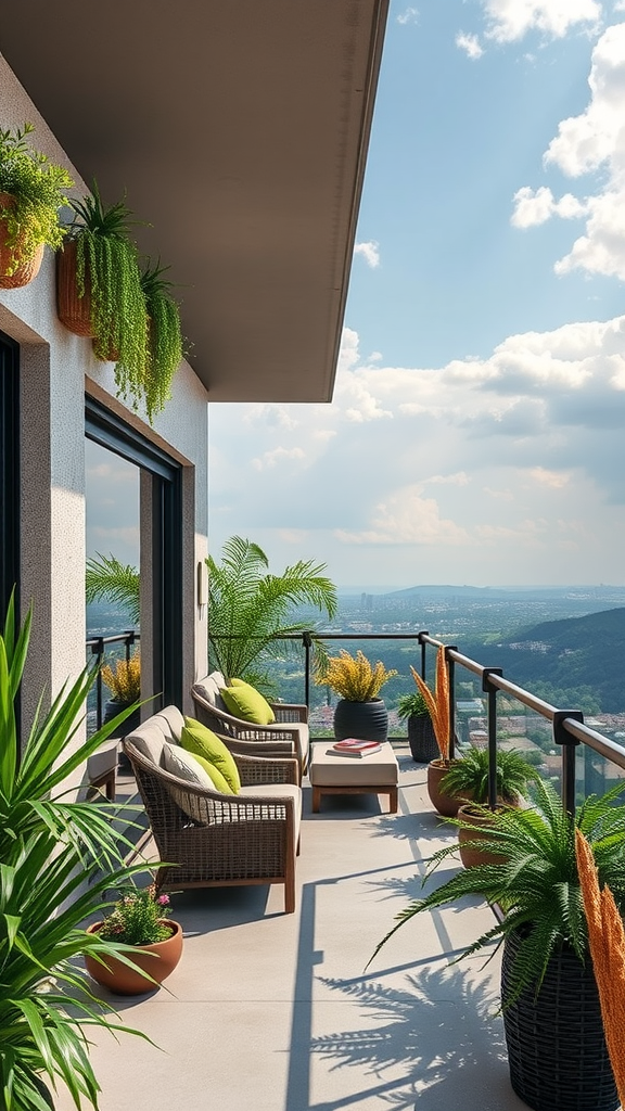 Stylish balcony with comfortable seating and vibrant plants overlooking a scenic view