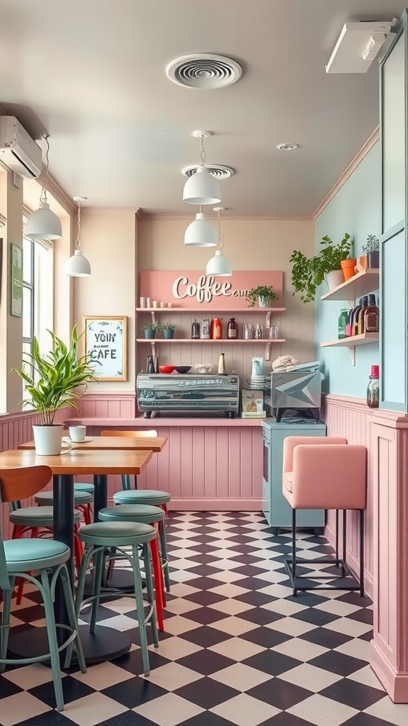 A small coffee shop interior featuring pastel colors, cozy seating, and a retro design.