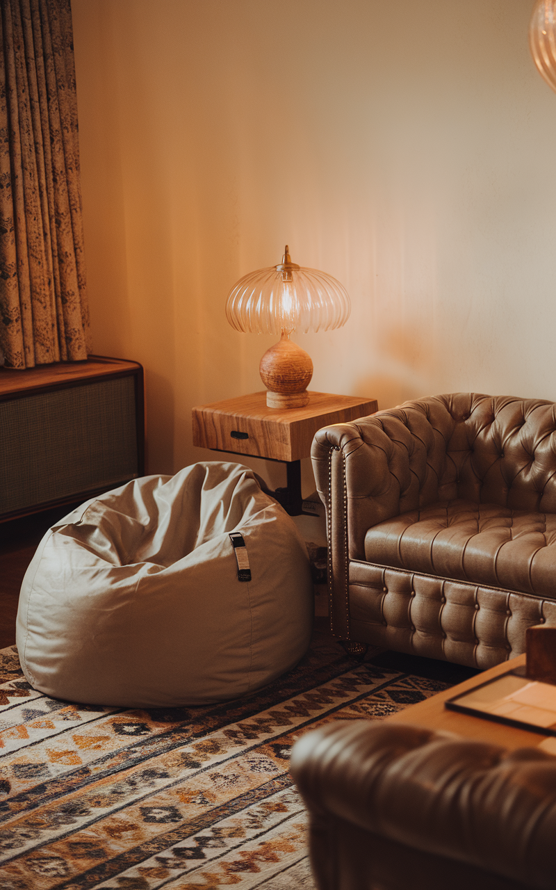 A cozy retro living room with a leather couch, bean bag, and stylish lamp.