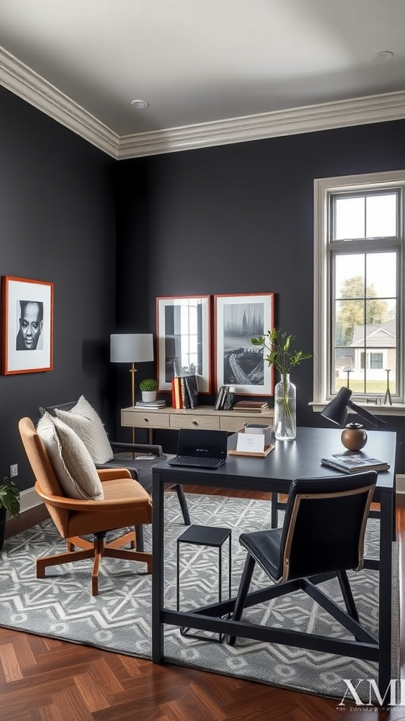 A stylish home office with rich charcoal gray walls, modern furniture, and natural light.