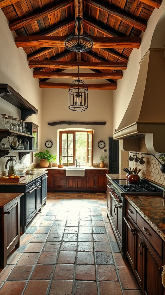 A cozy kitchen featuring rustic wooden beams and warm tones.