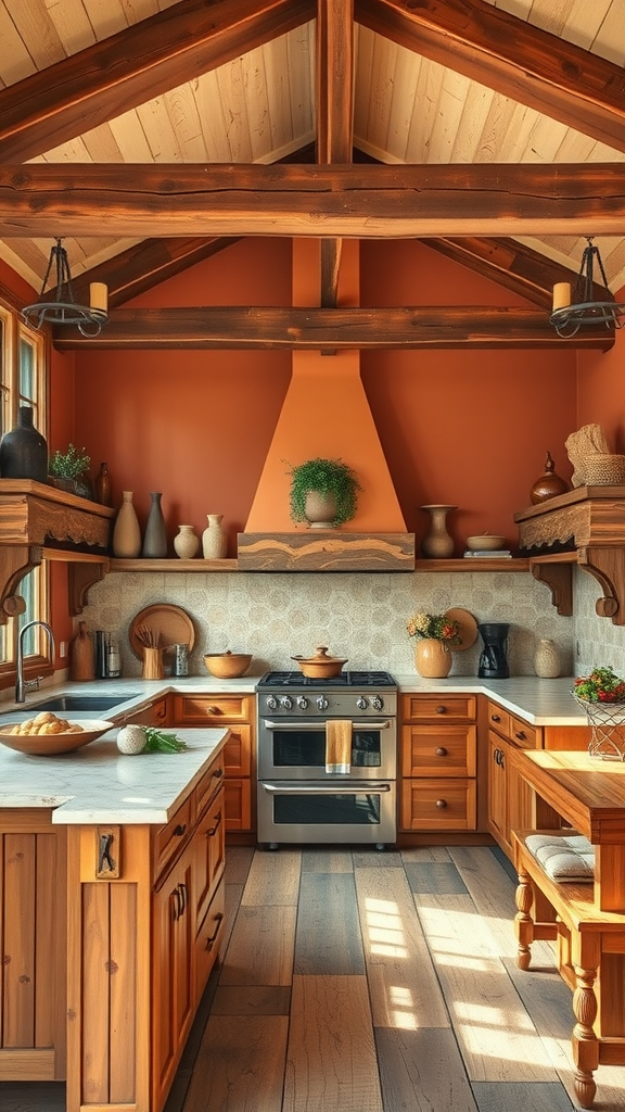 A rustic kitchen featuring cinnamon brown walls, wooden cabinets, and a warm, inviting atmosphere.