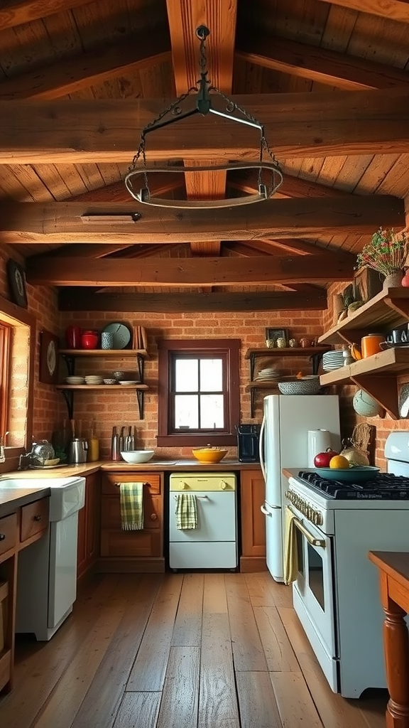 A rustic kitchen featuring wooden beams, warm tones, and a cozy atmosphere.