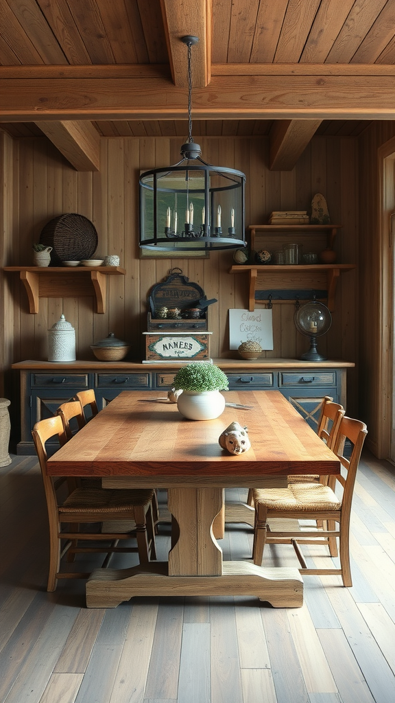 A rustic dining room featuring a large wooden table with grey upholstered chairs and decorative accents.