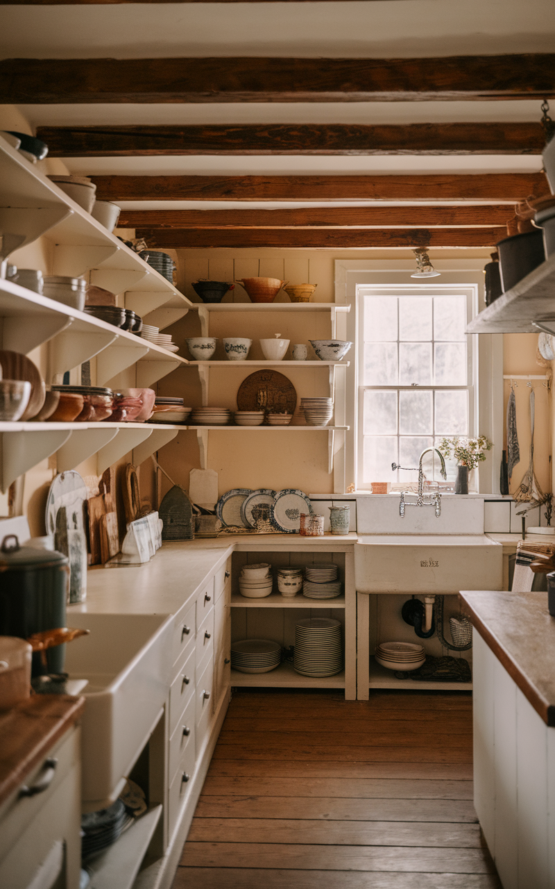 A rustic farmhouse kitchen with open shelving displaying various dishes and a farmhouse sink.