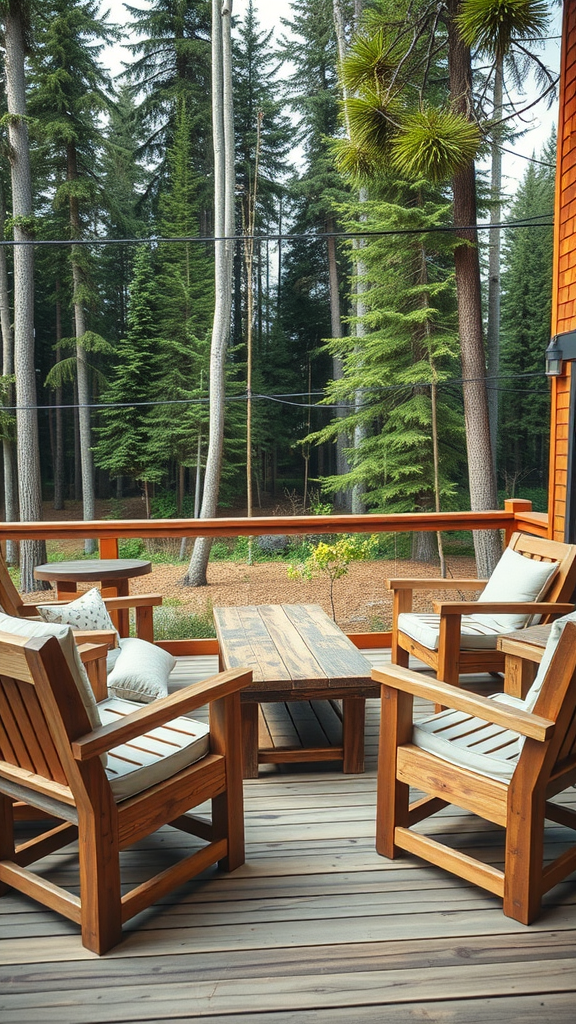 Rustic outdoor furniture set on a wooden deck surrounded by trees.