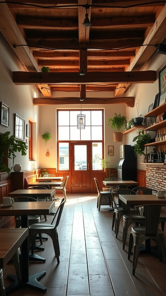 Interior of a cozy coffee shop featuring rustic wooden beams and furniture.