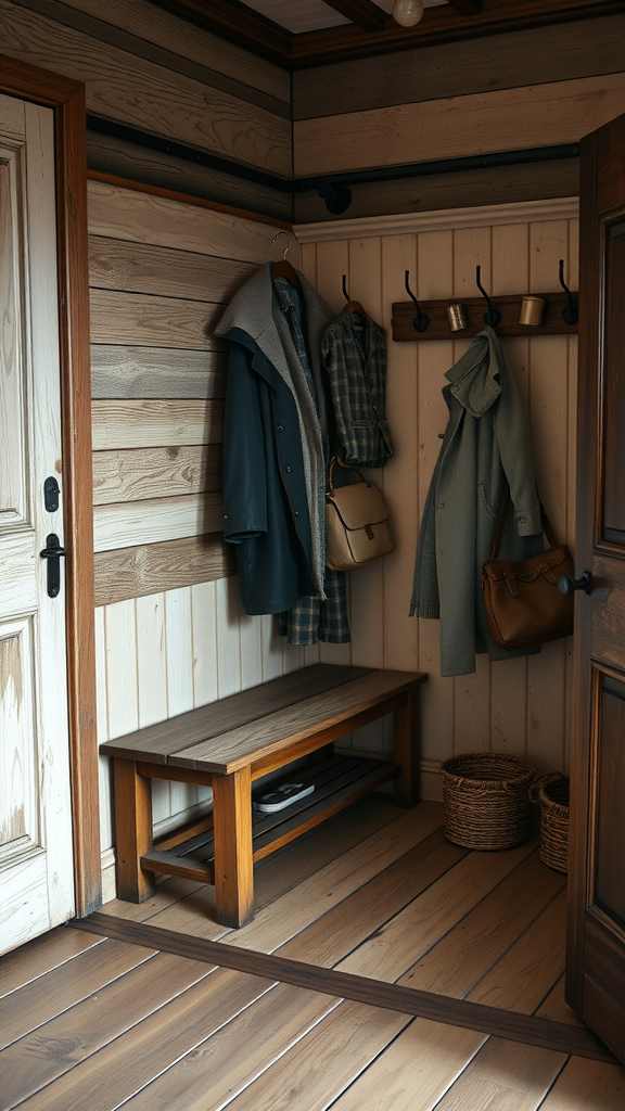 Rustic wooden bench and hooks in an interior entryway.