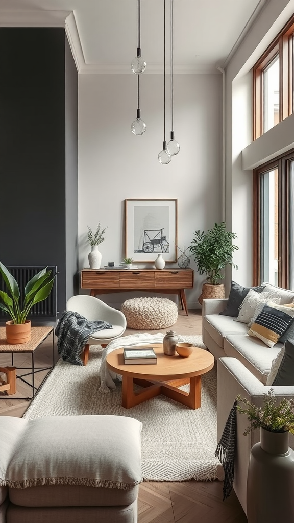 A stylish living room featuring Scandinavian and Italian design elements with natural light and cozy furnishings.