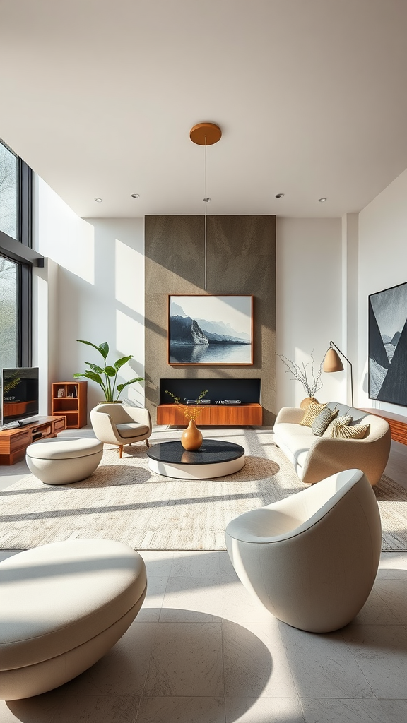 A modern living room featuring sculptural furniture with a contemporary aesthetic.