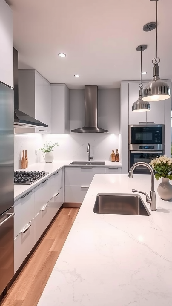 Modern kitchen with seamless white countertops and minimalistic design