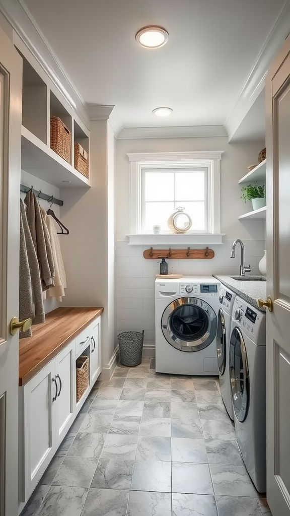 A well-designed mudroom laundry room combo with a washer, dryer, shelves, and storage.