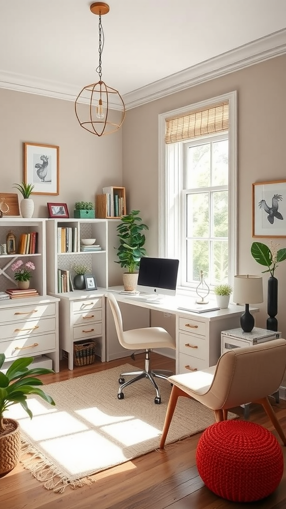 A cozy small home office with a modern desk setup, plants, and seasonal decor.