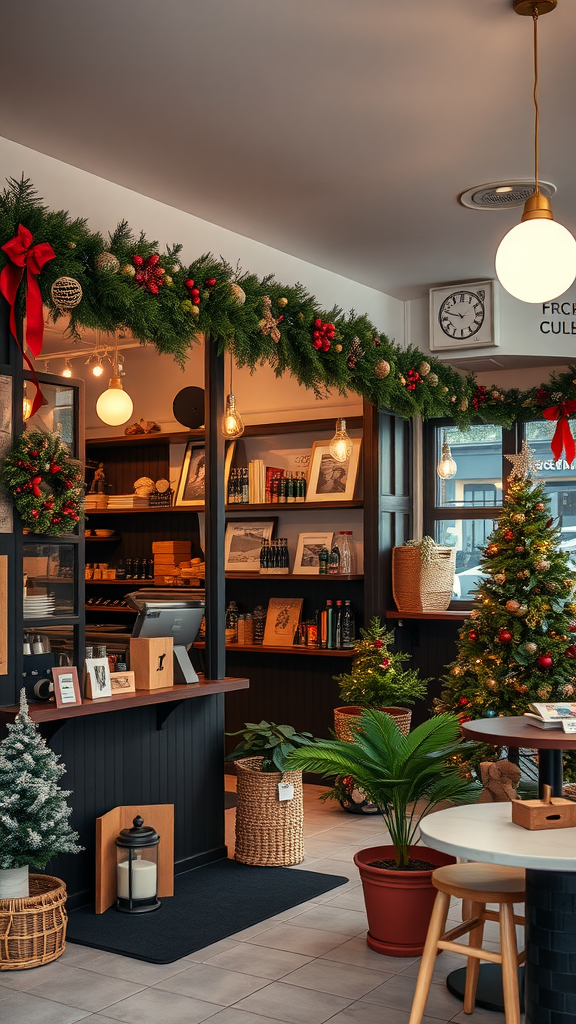 A small coffee shop decorated for the holidays with garlands, lights, and a Christmas tree.