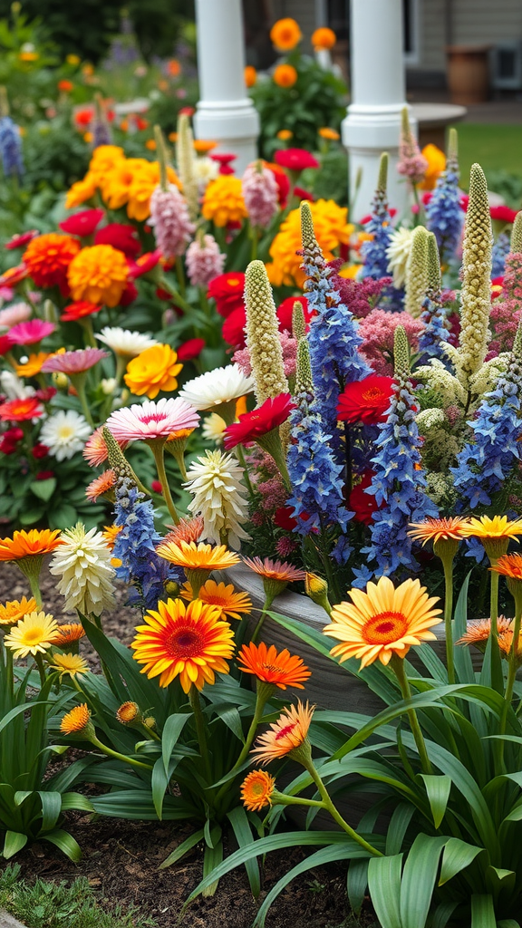 A vibrant display of seasonal flowers in various colors, showcasing a beautiful garden scene.