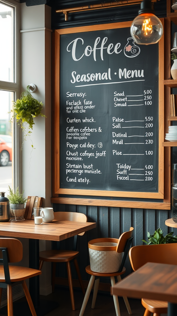 A chalkboard menu displaying seasonal coffee offerings in a cozy small coffee shop.